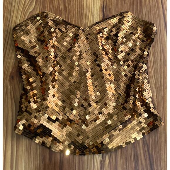 1990s OLEG CASSINI Gold/Bronze fully sequins strapless silk bustier top (L) - Picture 3 of 11